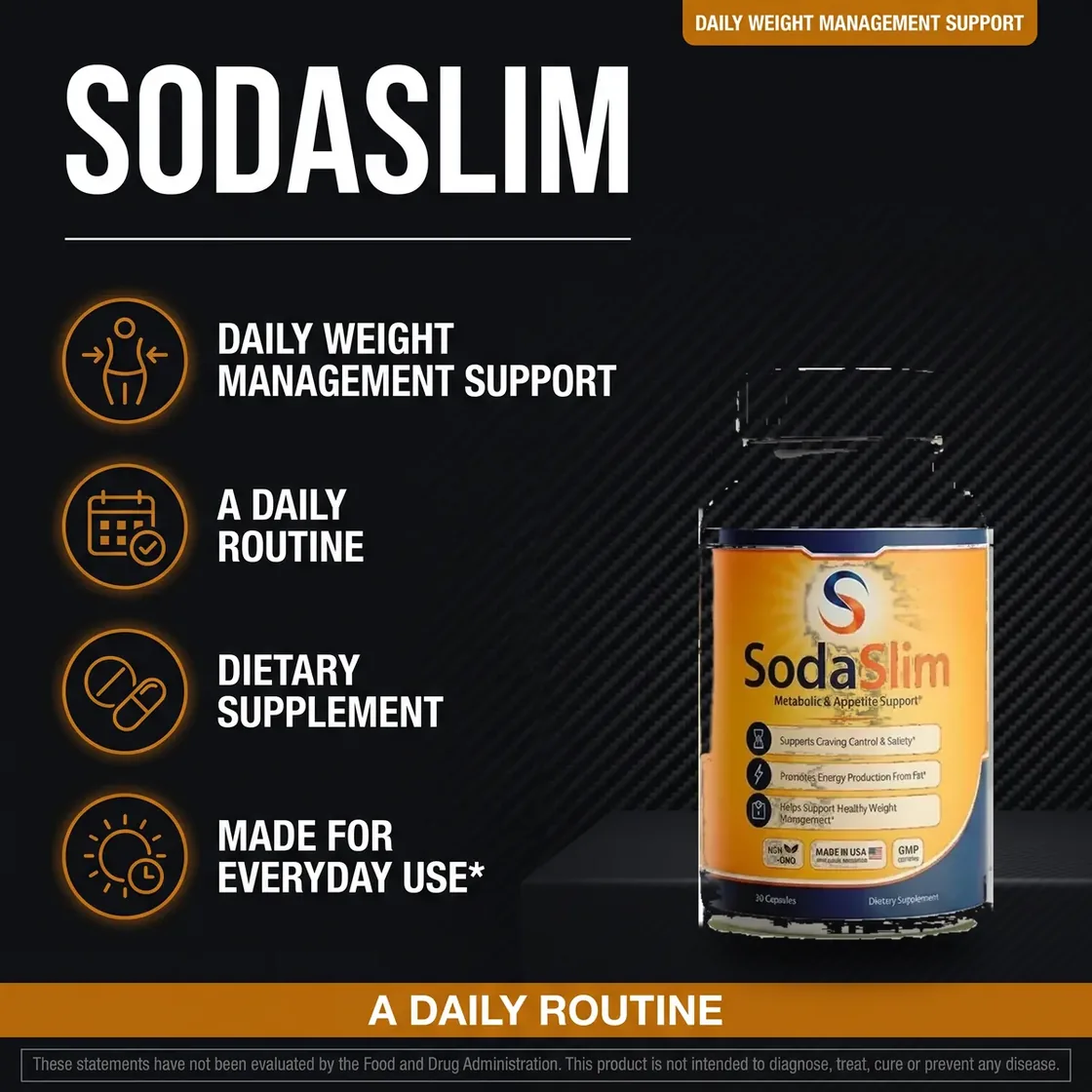 SodaSlim listing graphic: daily weight management support, a daily routine, dietary supplement, made for everyday use