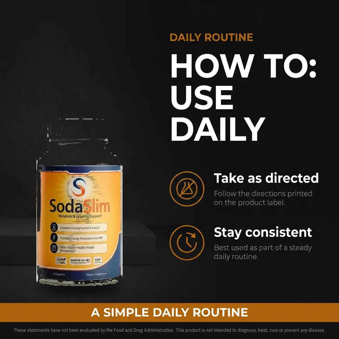 SodaSlim listing graphic: how to use daily, take as directed, stay consistent