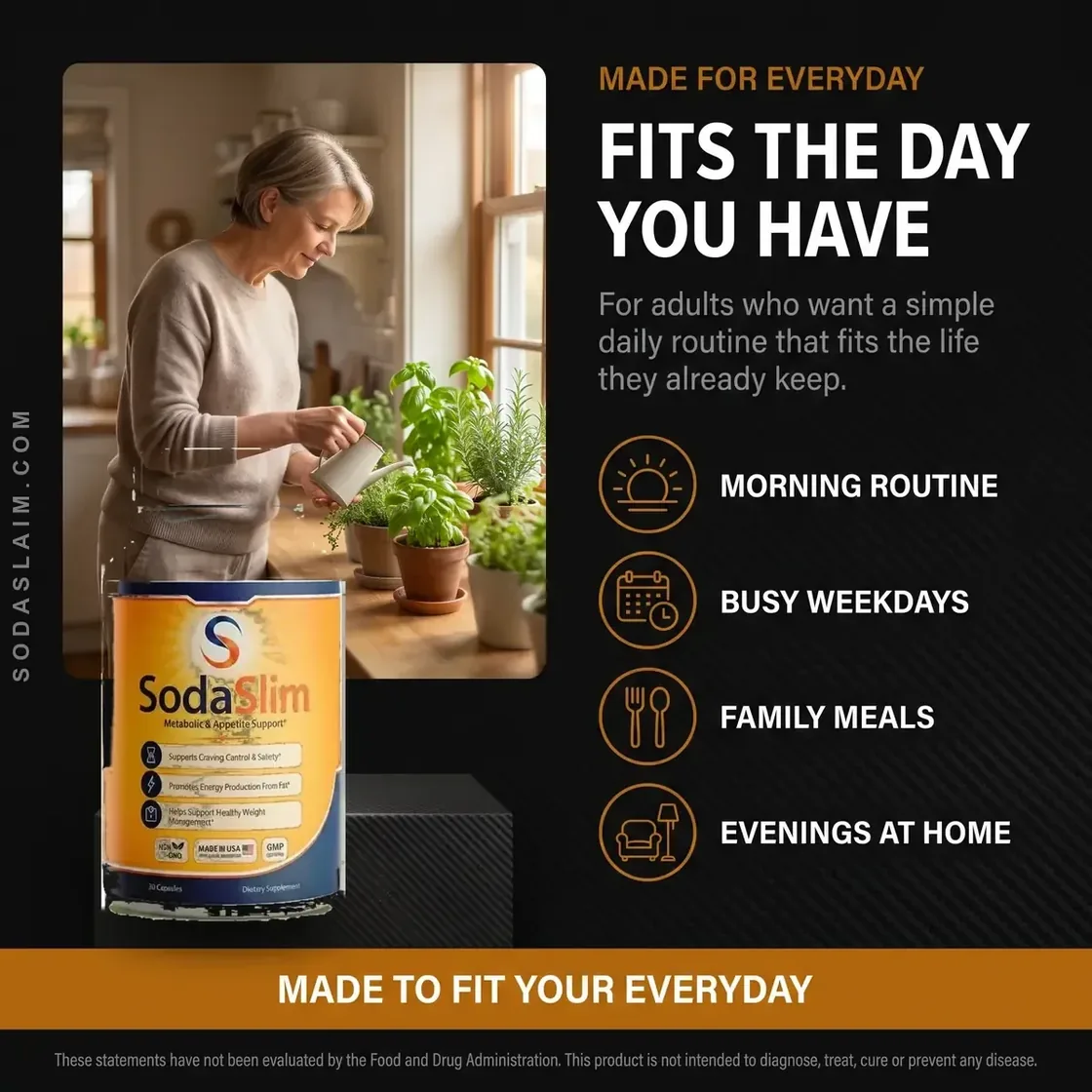 SodaSlim listing graphic: made for everyday use, morning routine, busy weekdays, family meals, evenings at home