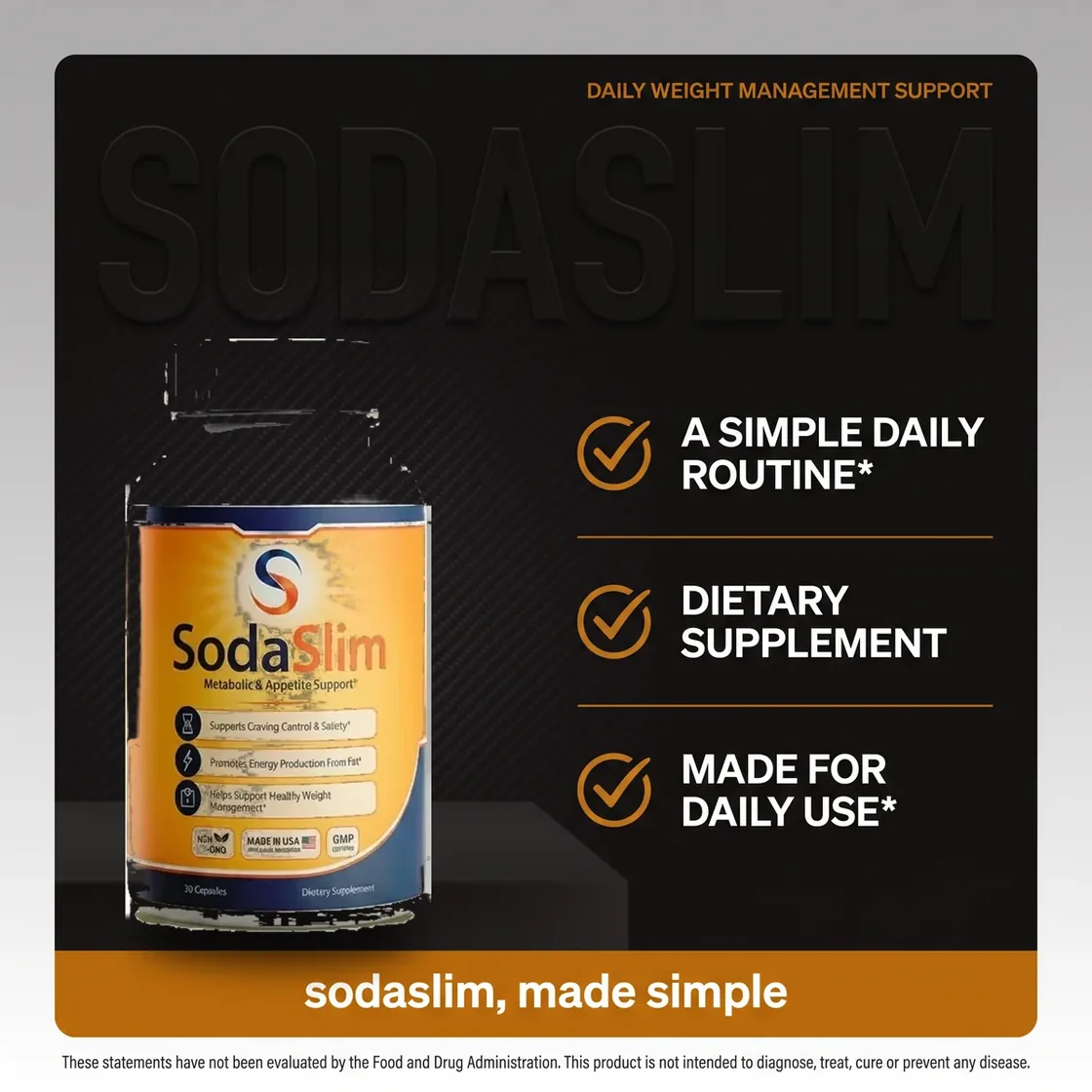 SodaSlim listing graphic: a simple daily routine, a dietary supplement, made for daily use