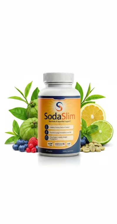 A single SodaSlim bottle photographed with green coffee beans, green tea leaves, garcinia fruit, citrus and berries
