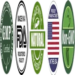 FDA-registered facility badge, a statement about the factory