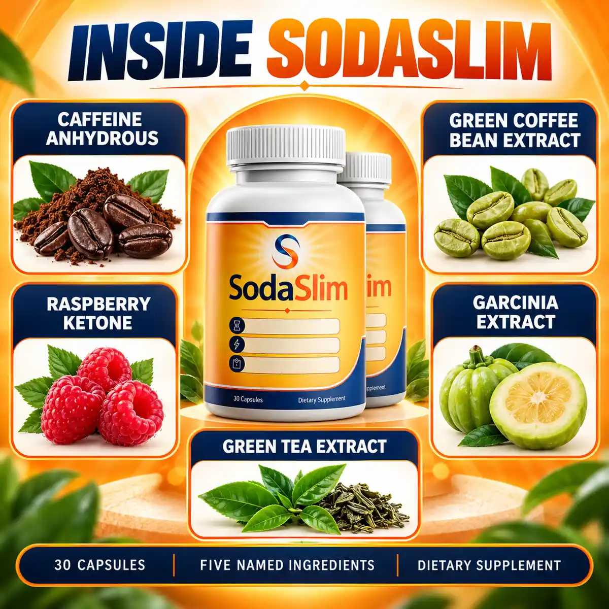 Inside SodaSlim: caffeine anhydrous, green coffee bean extract, raspberry ketone, garcinia extract and green tea extract around the bottle